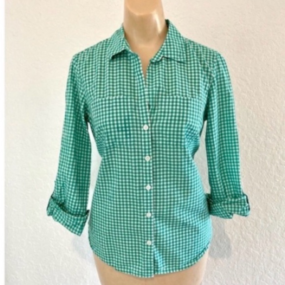 Ann Taylor Green Checkered Button-Down Shirt
